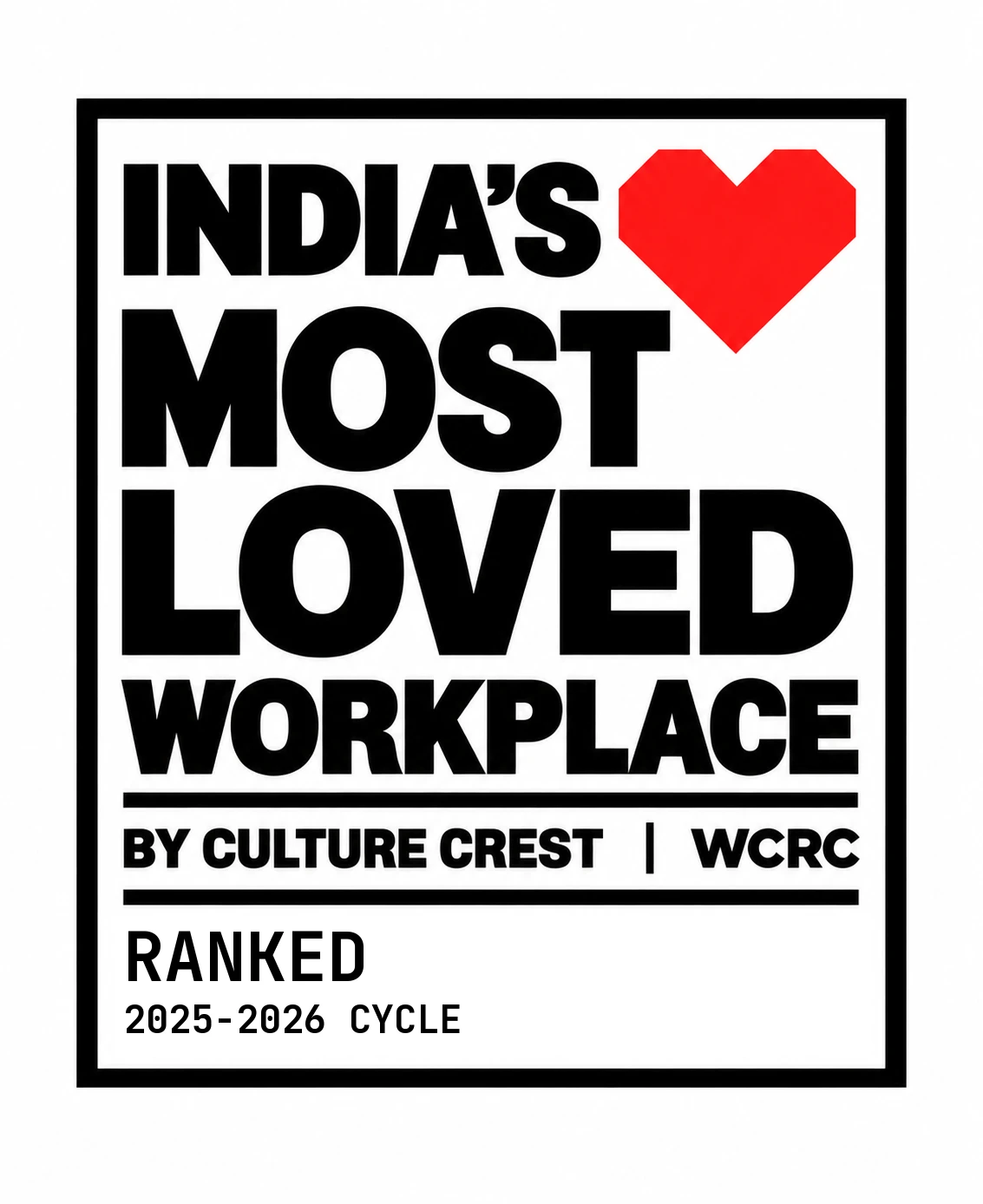 India's Most Loved Workplace — ranked, 2025–2026 cycle. By Culture Crest | WCRC