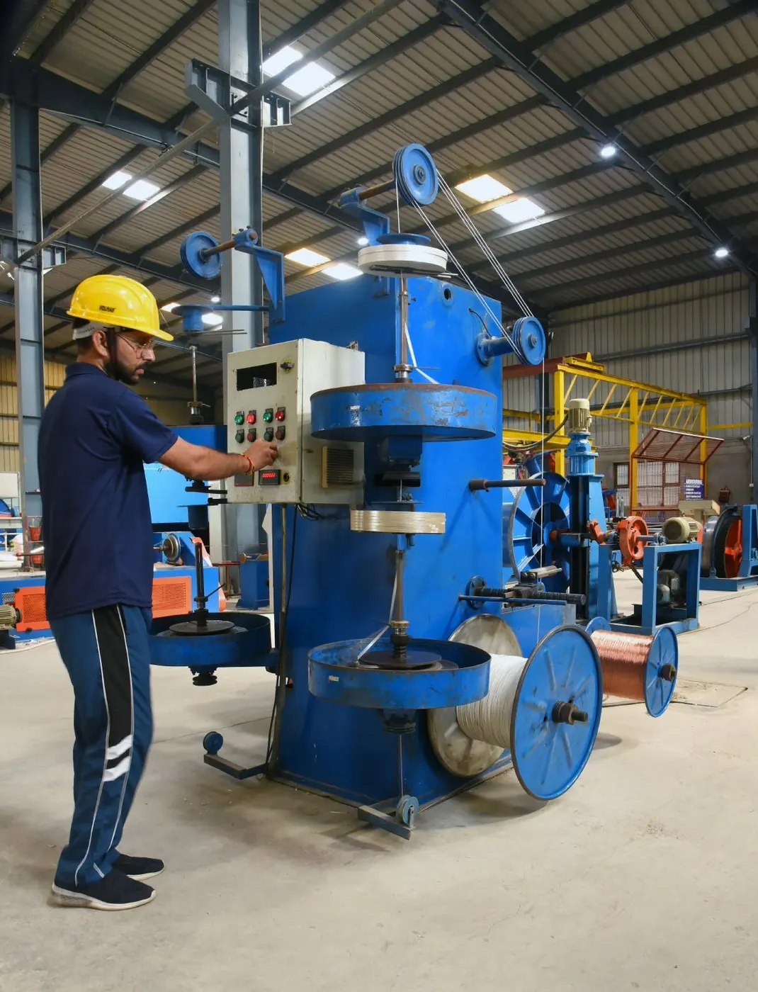 Batra Henlay Cables operator at a vertical taping and stranding machine