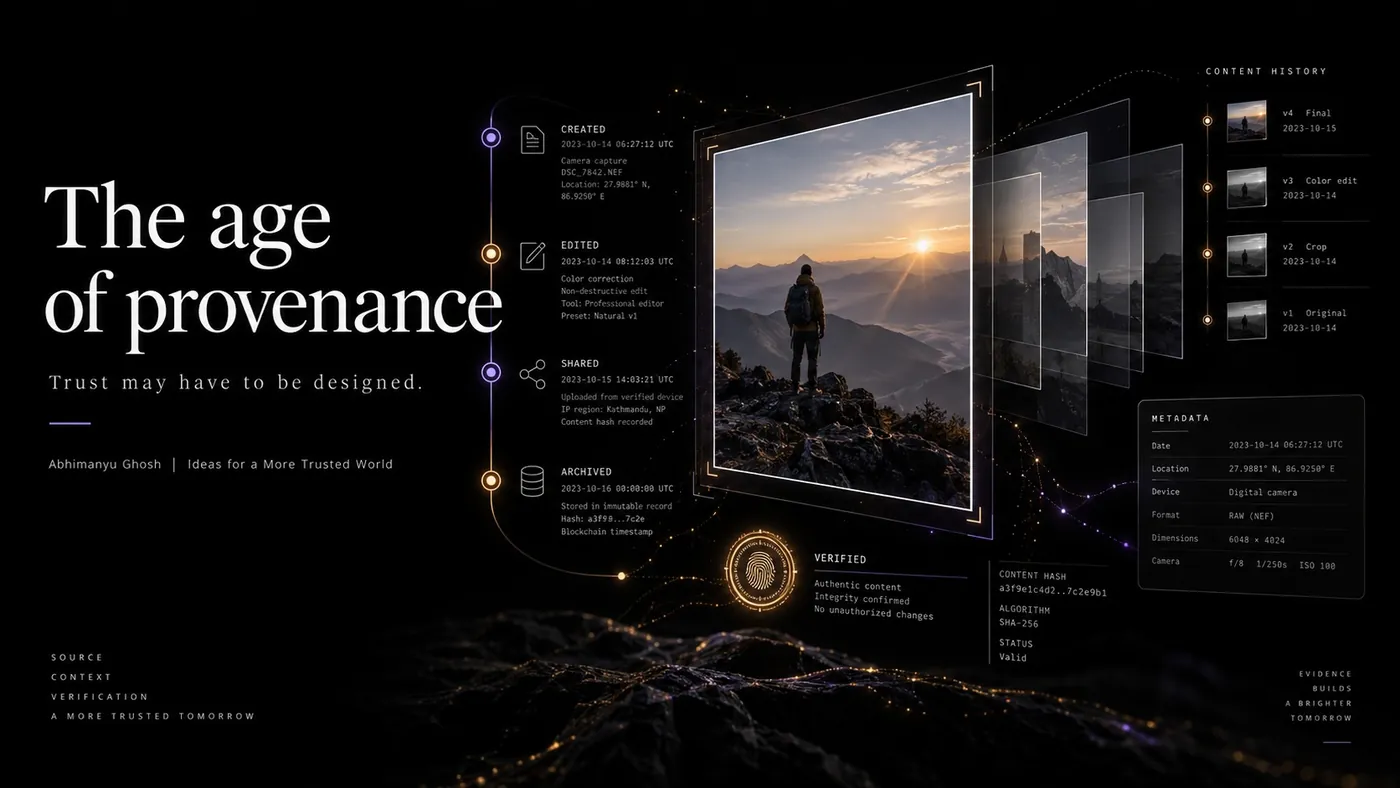 Editorial illustration: a photograph with its creation, edit, share and archive history recorded alongside it