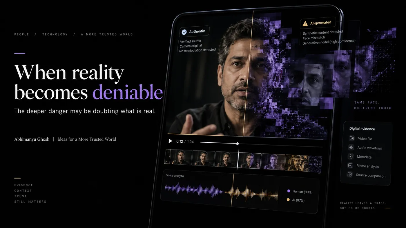 Editorial illustration: a verified camera original on one side of a face, synthetic generated frames on the other