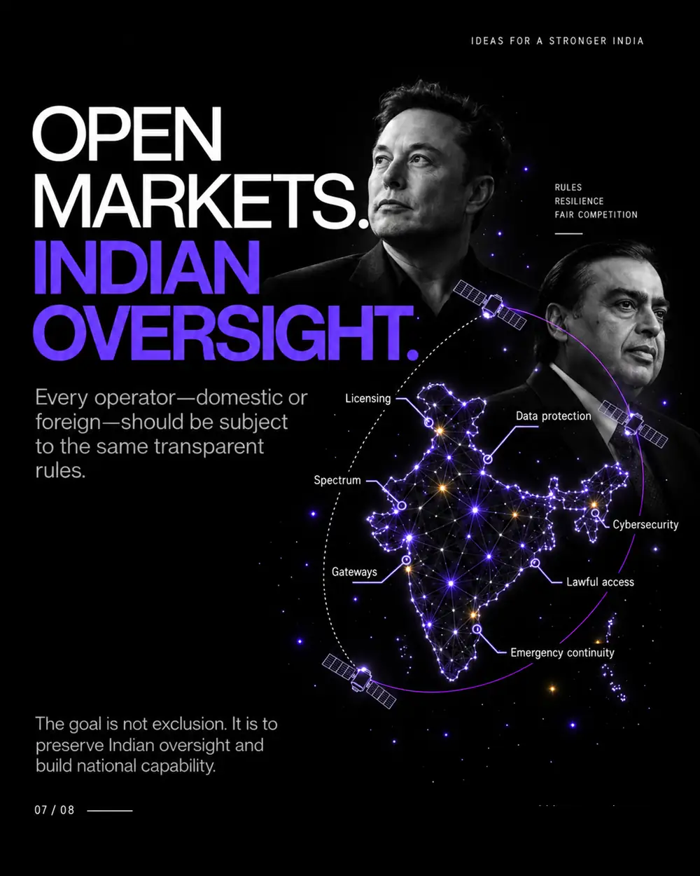 Open markets, Indian oversight. Every operator, domestic or foreign, should be subject to the same transparent rules covering licensing, spectrum, data protection, cybersecurity, lawful access, gateways and emergency continuity.